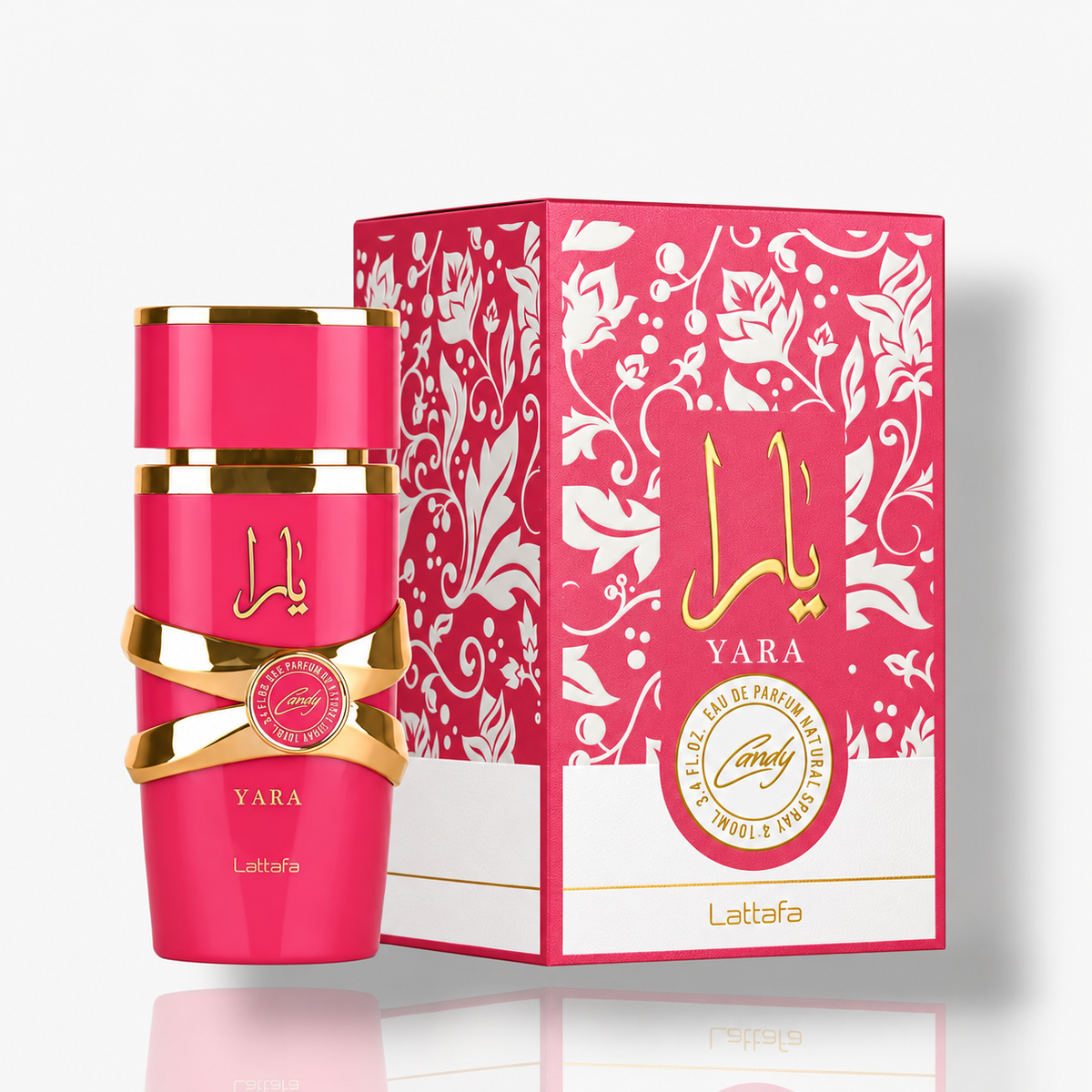Yara Candy by Lattafa Eau de Parfum 100ml perfume bottle and packaging