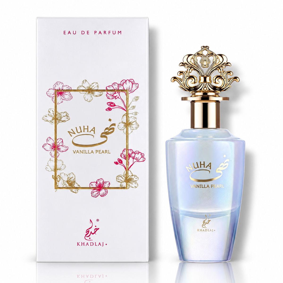 Nuha Vanilla Pearl by Khadlaj Eau de Parfum 85ml perfume bottle and packaging
