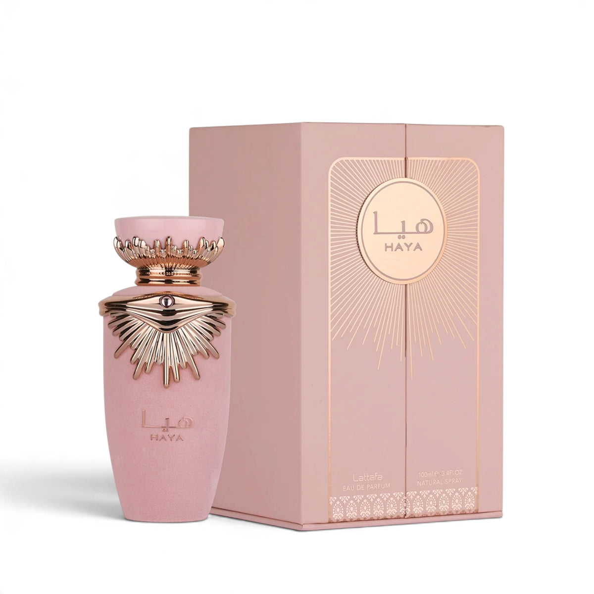 Haya by Lattafa Eau de Parfum 100ml perfume bottle and packaging