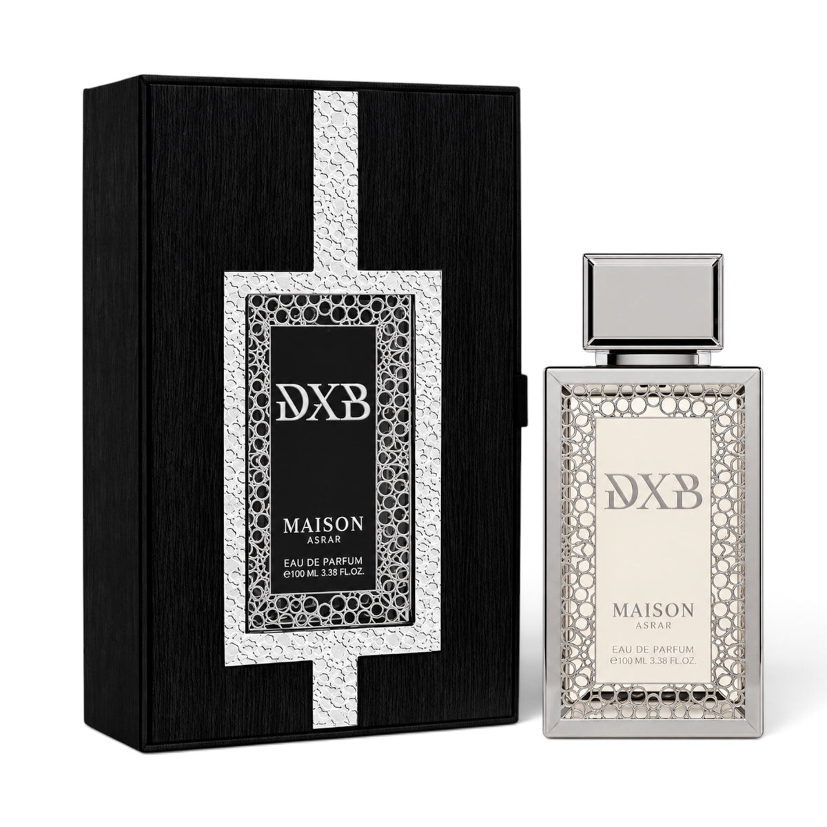 DXB by Maison Asrar Eau de Parfum 100ml perfume bottle and packaging