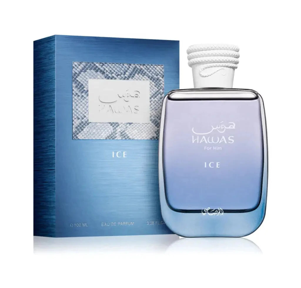 Hawas Ice by Rasasi Eau de Parfum 100ml perfume bottle and packaging