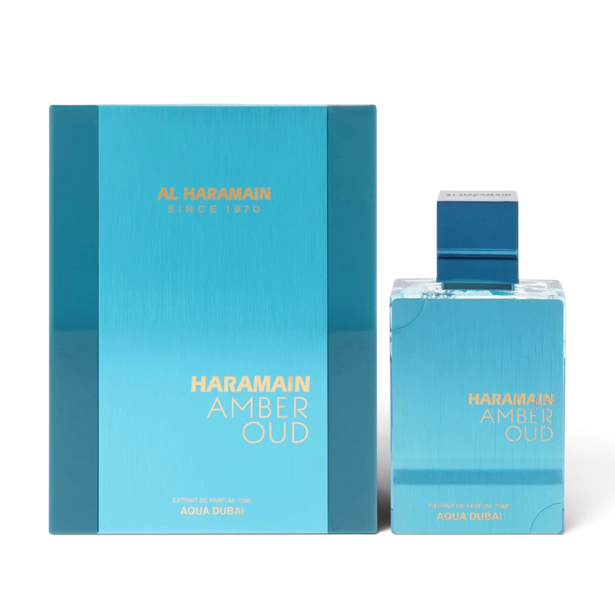 Amber Oud Aqua Dubai by Al Haramain Eau de Parfum 75ml perfume bottle and packaging