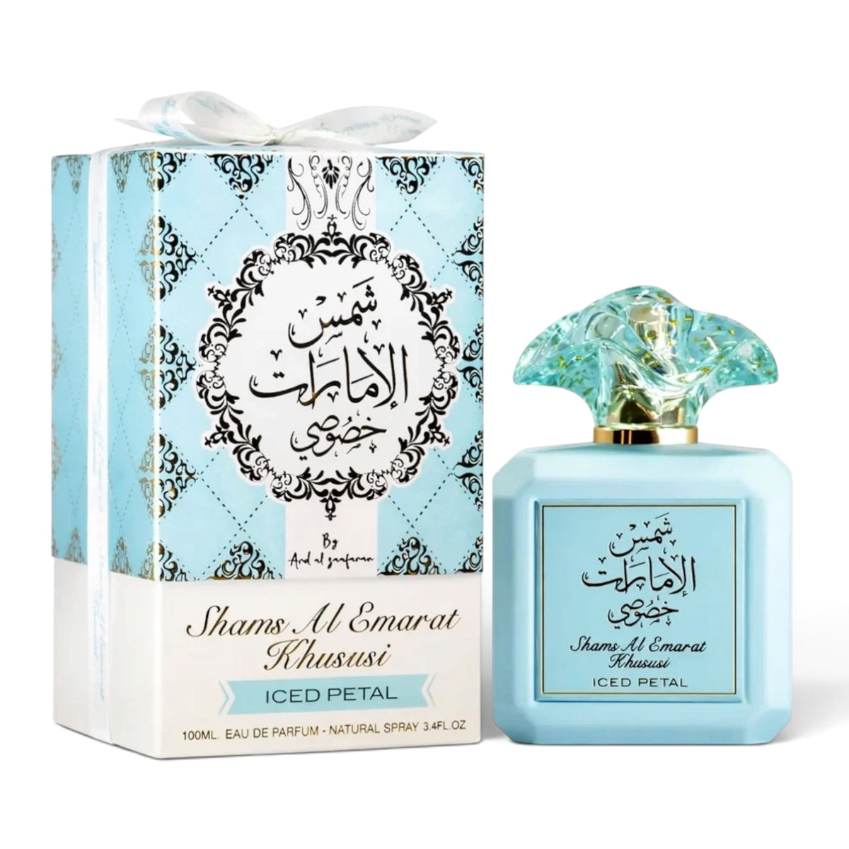 Shams Al Emarat Khususi Iced Petal by Ard Al Zaafaran Eau de Parfum 100ml perfume bottle and packaging