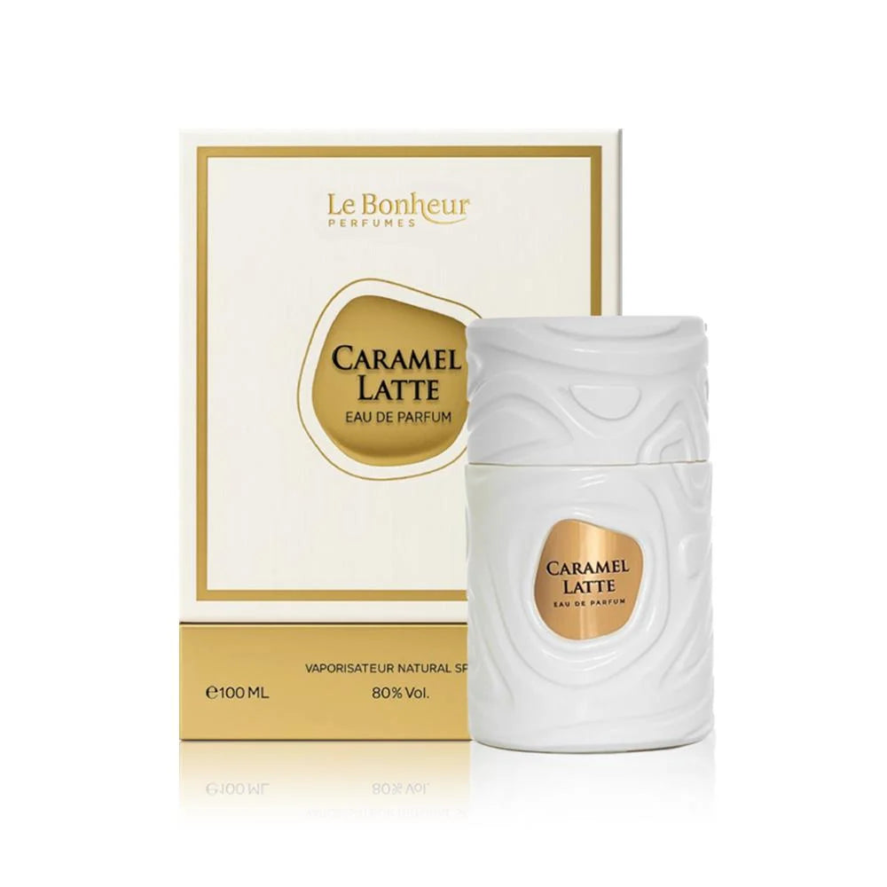 Caramel Latte by Le Bonheur Eau de Parfum 100ml perfume bottle and packaging