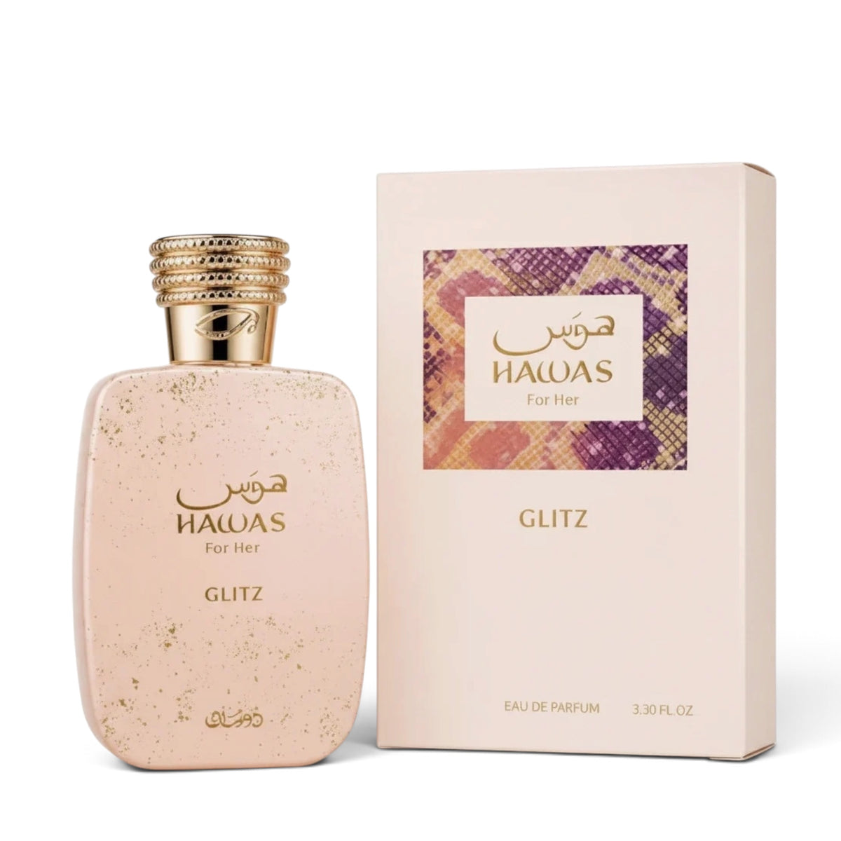 Hawas Glitz by Rasasi Eau de Parfum 100ml perfume bottle and packaging