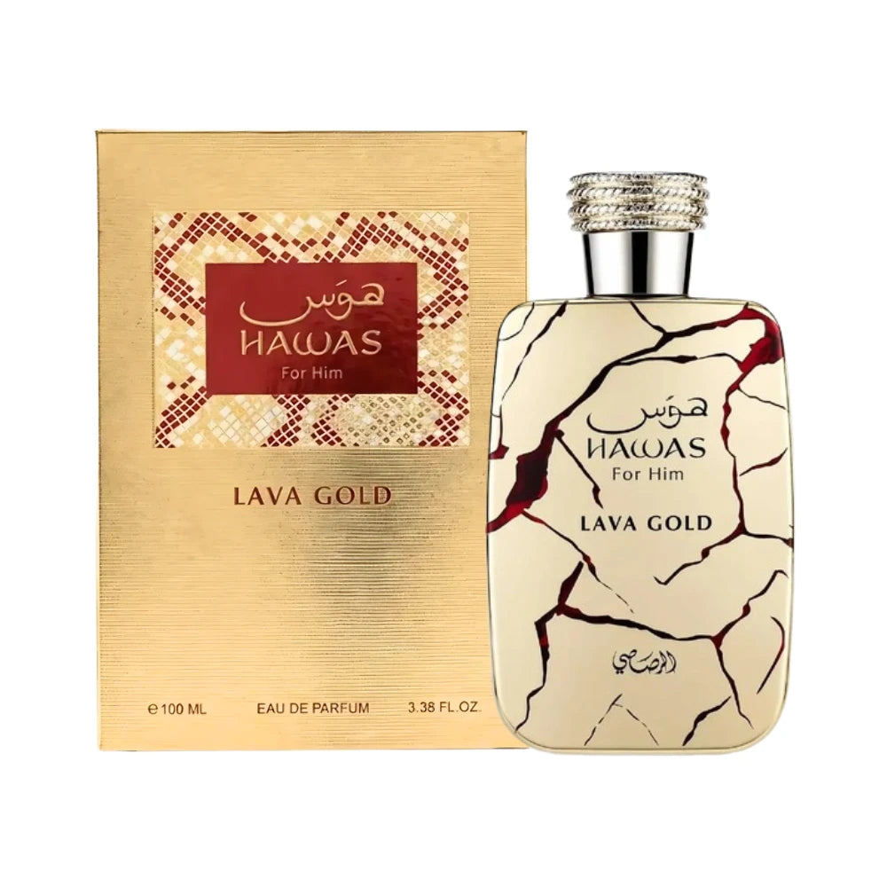 Hawas Lava Gold by Rasasi Eau de Parfum 100ml perfume bottle and packaging