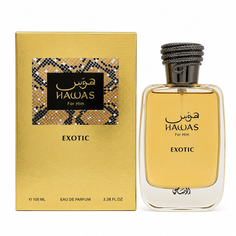 Hawas Exotic by Rasasi Eau de Parfum 100ml perfume bottle and packaging