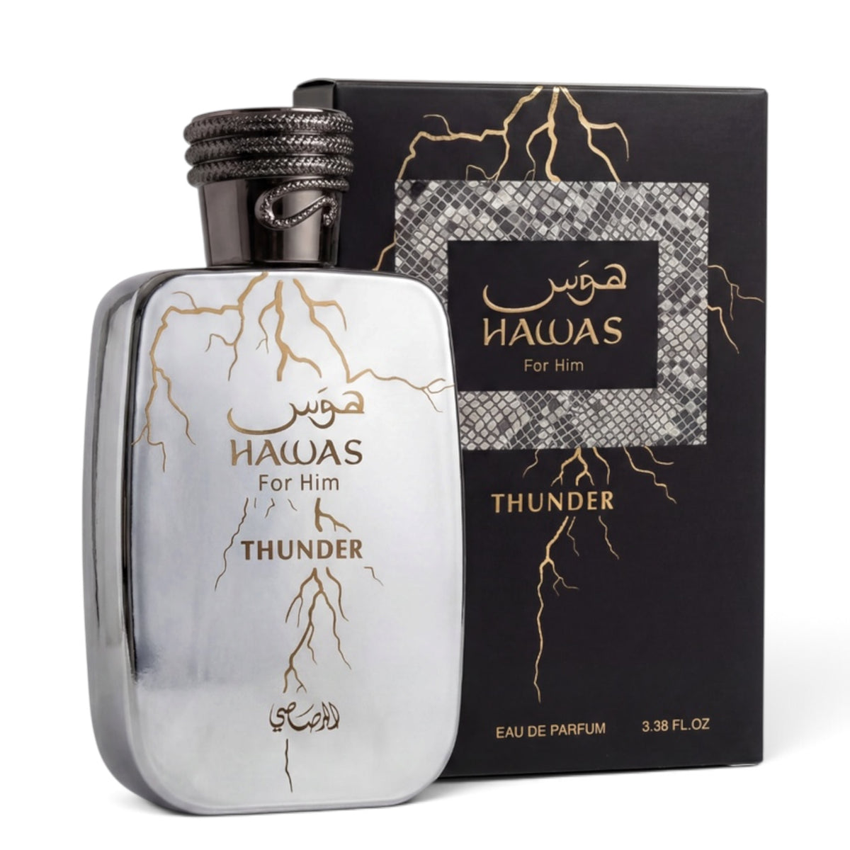 Hawas Thunder by Rasasi Eau de Parfum 100ml perfume bottle and packaging