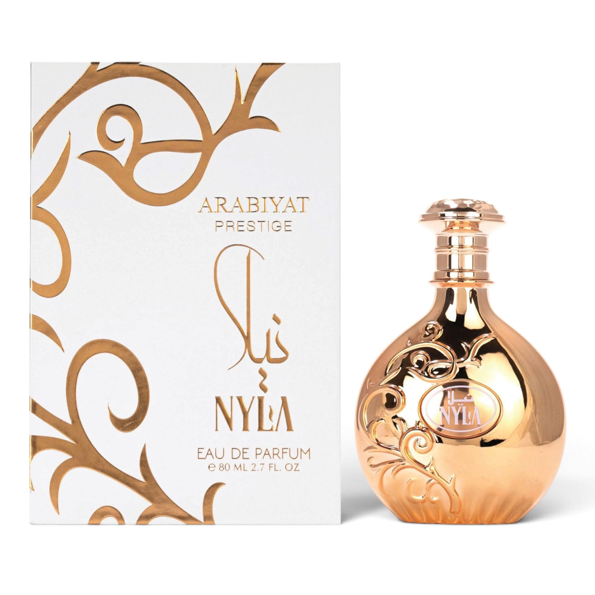 Nyla by Arabiyat Prestige Eau de Parfum 80ml perfume bottle and packaging