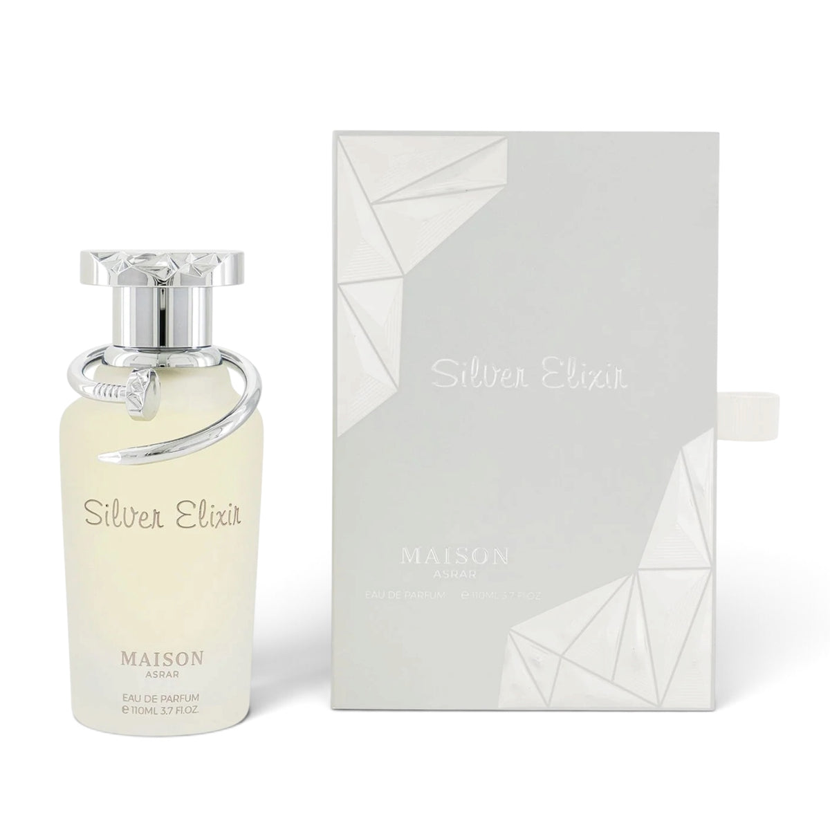 Silver Elixir by Maison Asrar Eau de Parfum 110ml perfume bottle and packaging